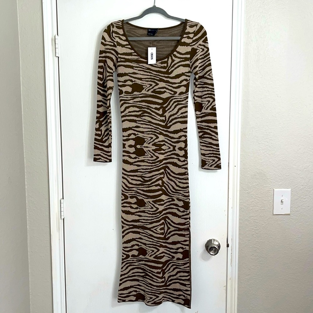 ASOS Long Sleeve Midi Length Sweater Dress Zebra Print